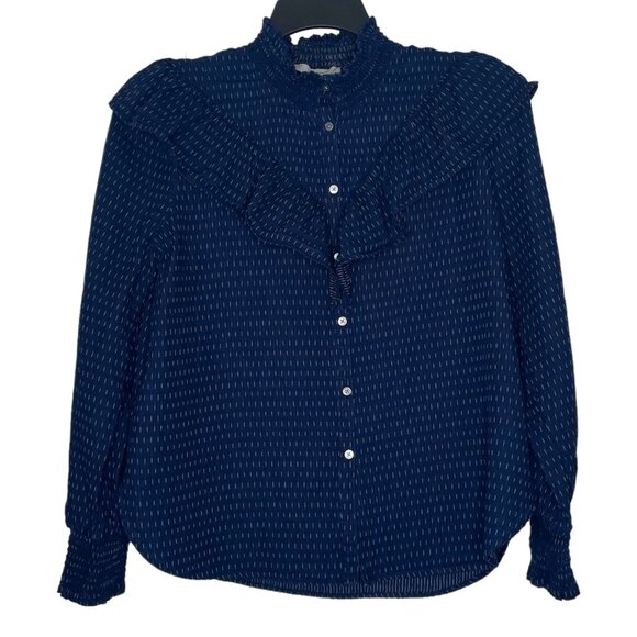 LOFT Womens Blouse Size Small Mock Elastic Neck Cuffs Ruffle Long Sleeves Blue - Picture 1 of 6